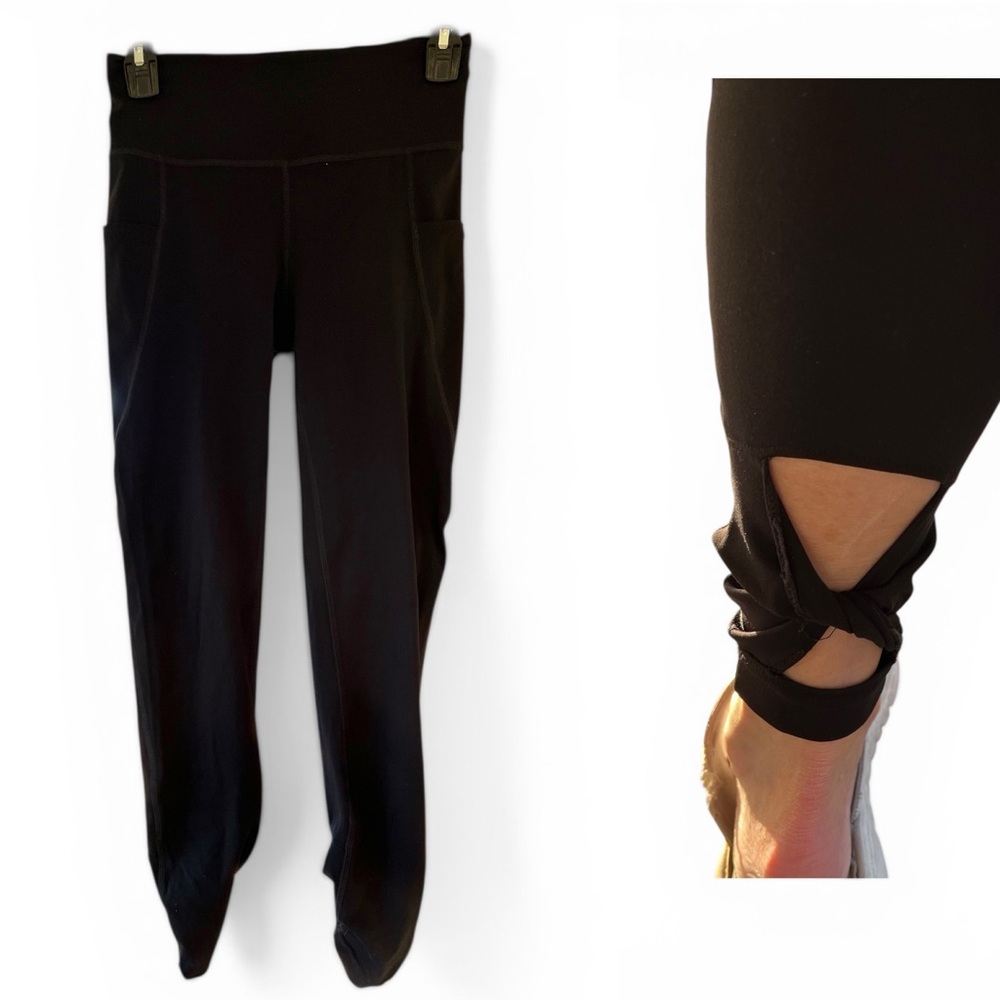 FP Movement cropped 23" black leggings w/pockets, twist wrap at ankle, XS